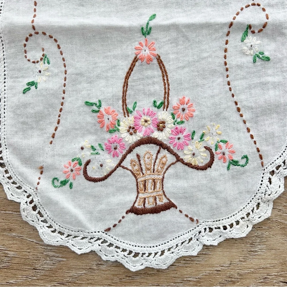 Vintage Embroidery Table Dress Runner‎ Doilies Set of 2 Floral Basket Crochet